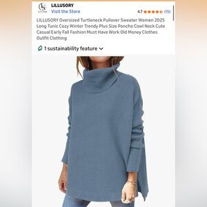 LILLUSORY Women's Cozy Blue Turtleneck Sweater